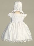 Crystal Satin with Lace Trim Embroidered Organza with Crosses Christening Dress and Bonnet