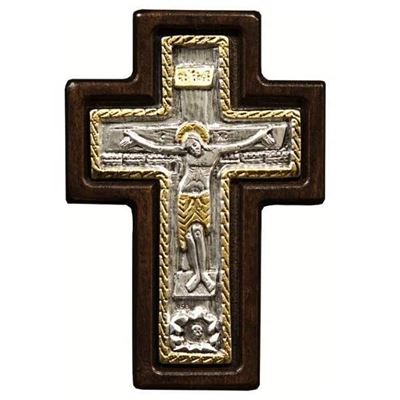 Embossed Silver Crucifix Icon on 5.5 Inch Wood Wall Cross