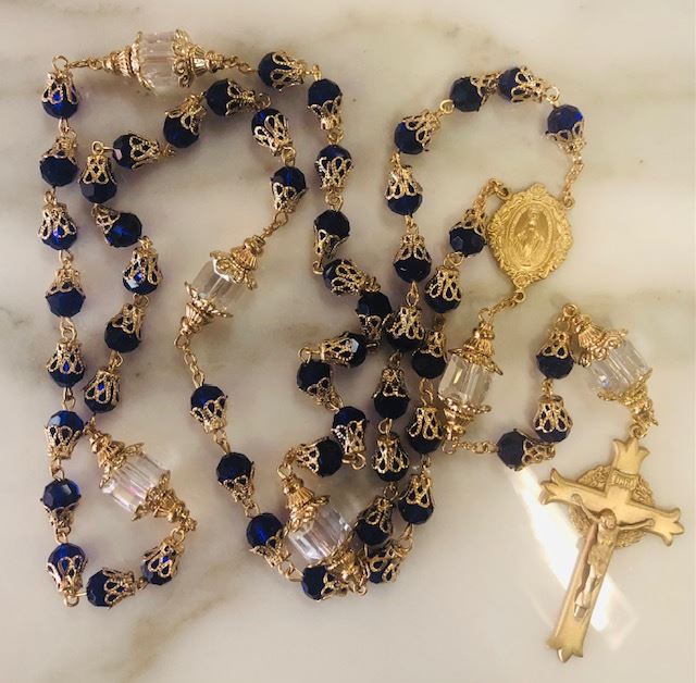 Faceted Blue Tulip Capped Bead Rosary