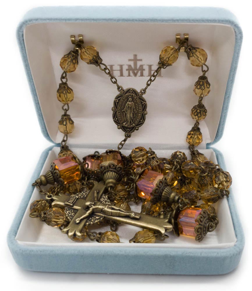 Faceted Topaz Glass Tulip Capped Rosary