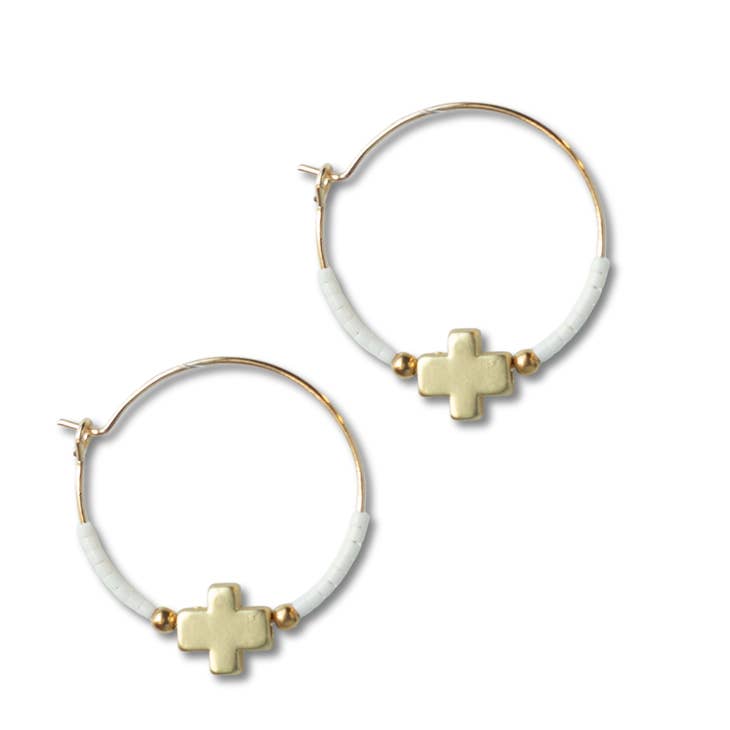 Faithful White Dangle Earrings - Gold Cross