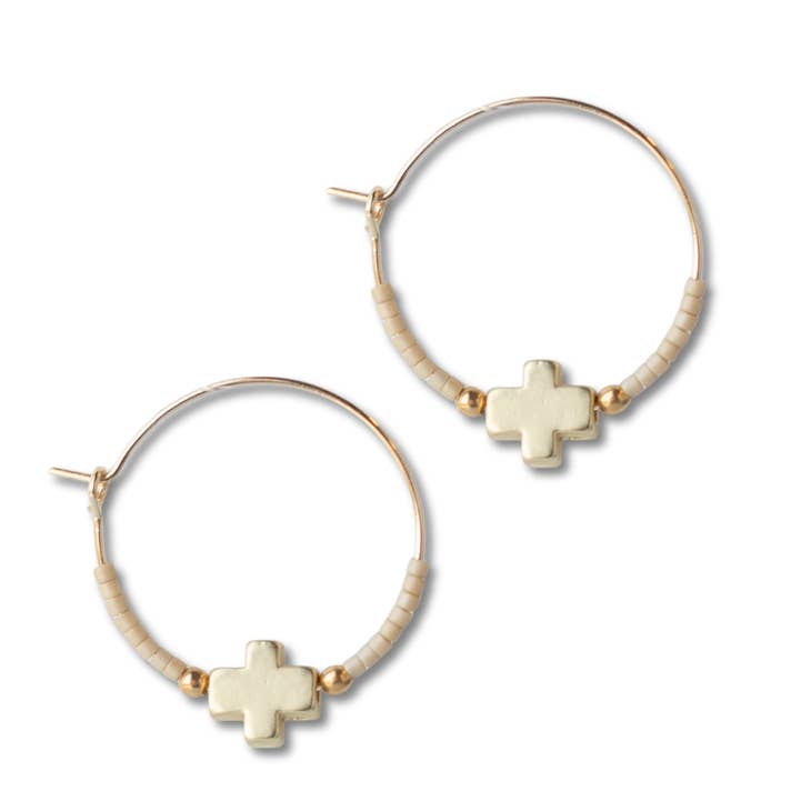 Faithful Latte Hoop Earrings - Gold Cross