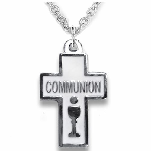 First Communion 7/8 Inch Silver Plated Enameled Cross and Chalice Necklace