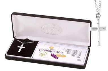 First Communion Double Box Cross Necklace on 18 Inch Chain