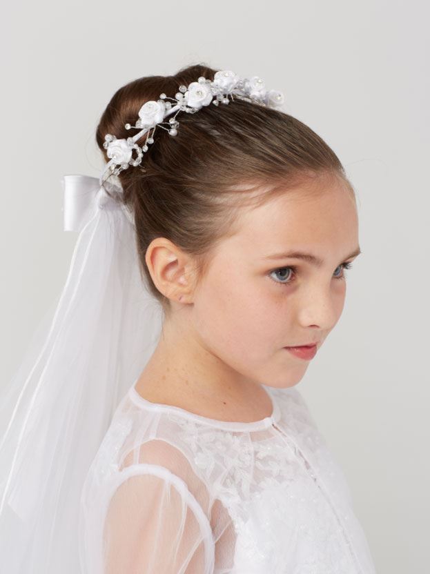 First Communion Veil, Floral & Rhinestone, 2-Tiered, Corded Veil