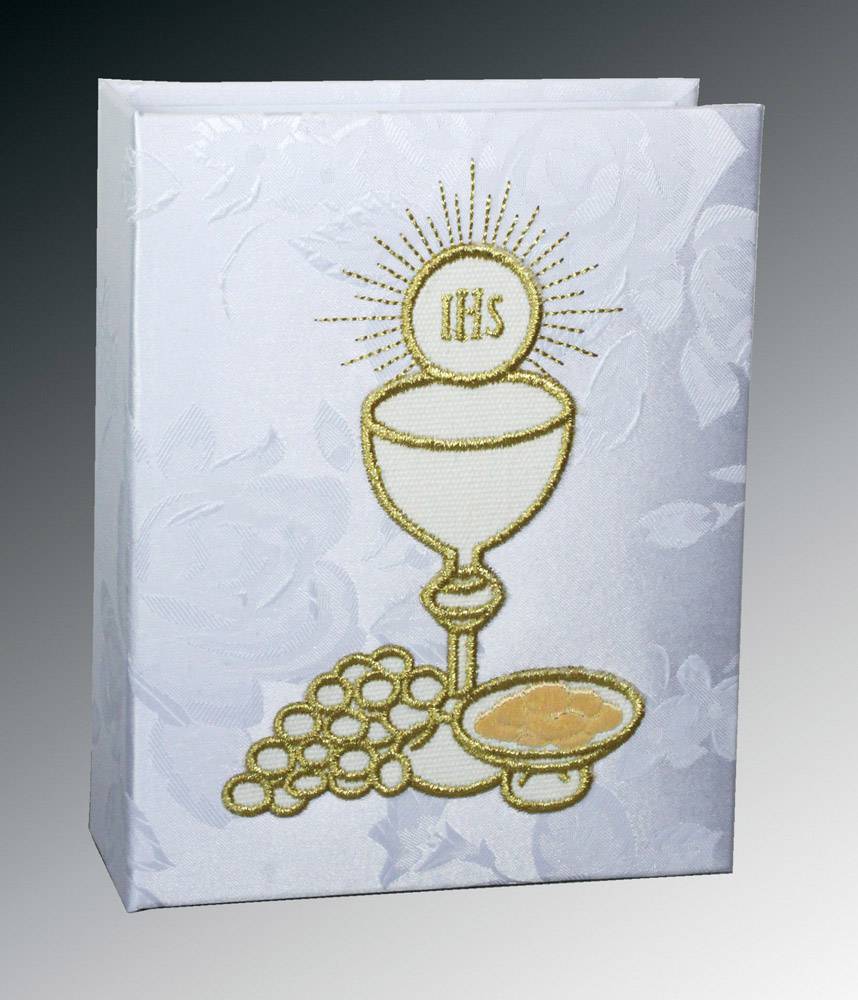 First Communion Photo Album, White Cloth with Gold Embroidery