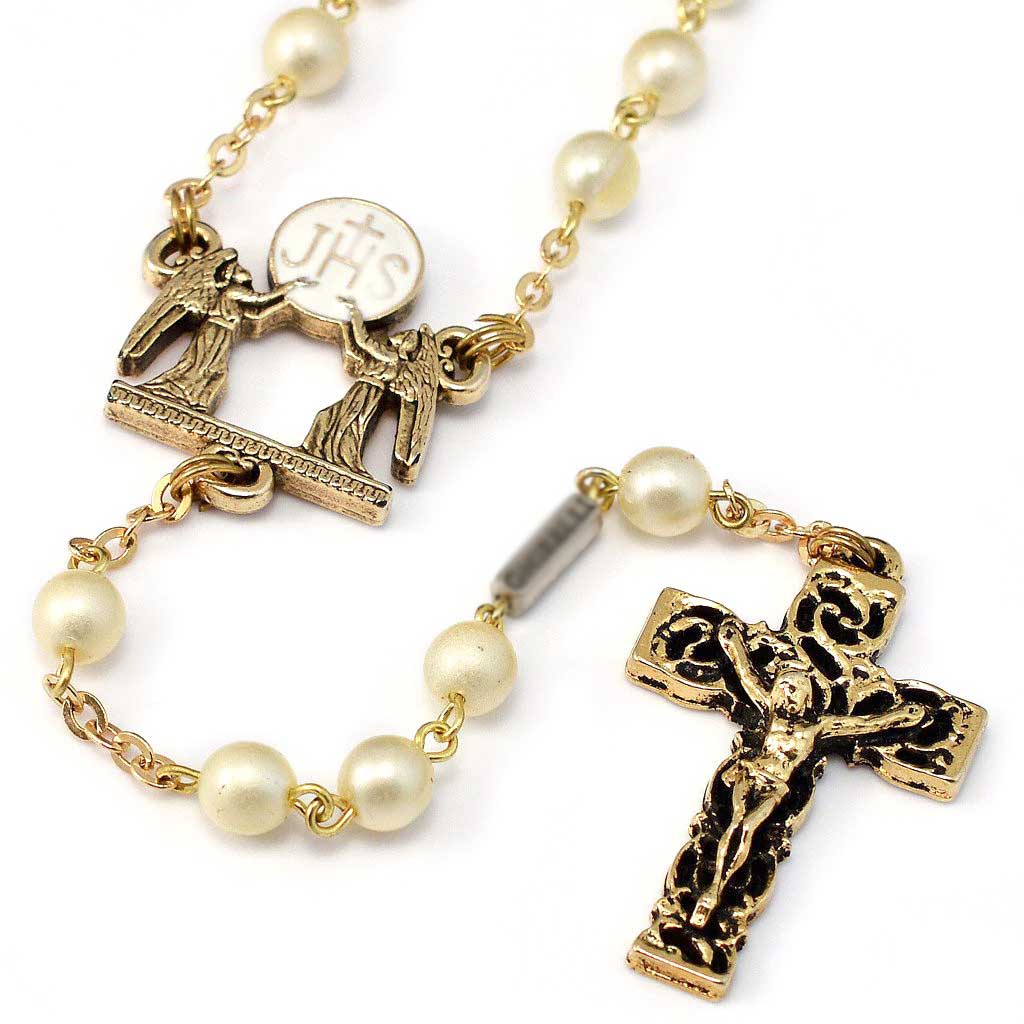 HOLY COMMUNION EUCHARISTIC PEARL & GOLD ROSARY
