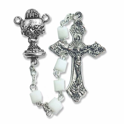5mm Square White Glass Beads Rosary with Crucifix and Chalice Center