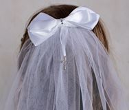 First Communion Satin Bow with Veil with Dangling Cross