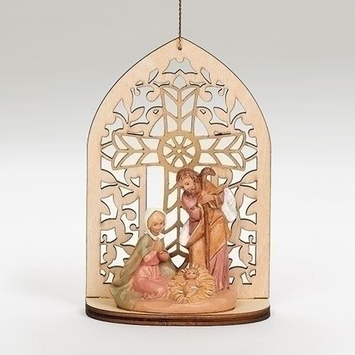 Fontanini 4.5"H Holy Family Ornament, Laser-Cut Arch with Cross