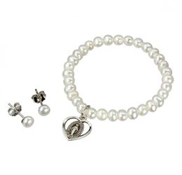 Freshwater Pearl 4mm Bracelet and Earring Set with Sterling Silver Charm