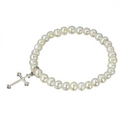 Freshwater Pearl Stretch Bracelet with Sterling Silver Cross