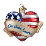3" hand blown glass ornament "God Bless America" in Heart