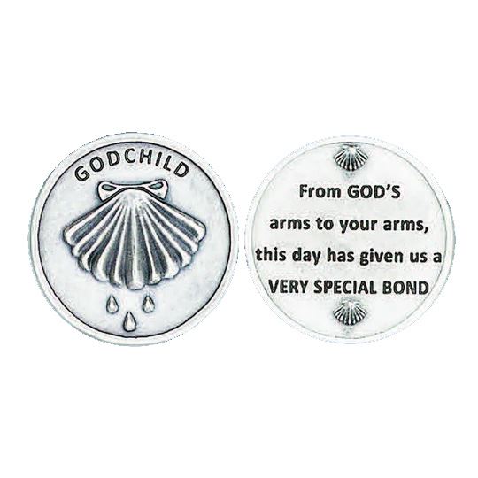 Godchild Silver Toned Pocket Token, front and back of token shown Made in Italy
