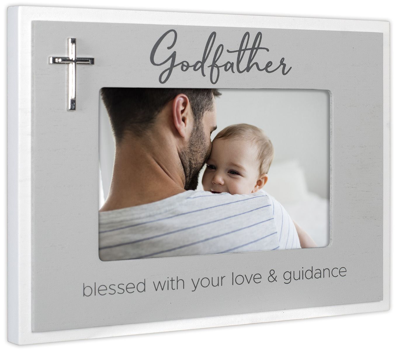 Godfather blessed with your love and guidance frame with cross  Holds a 4" x 6" photo  Size: 9" x 7" overall