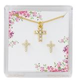 Crystal Cross Necklace and Earrings Gift Set, Gold Plated