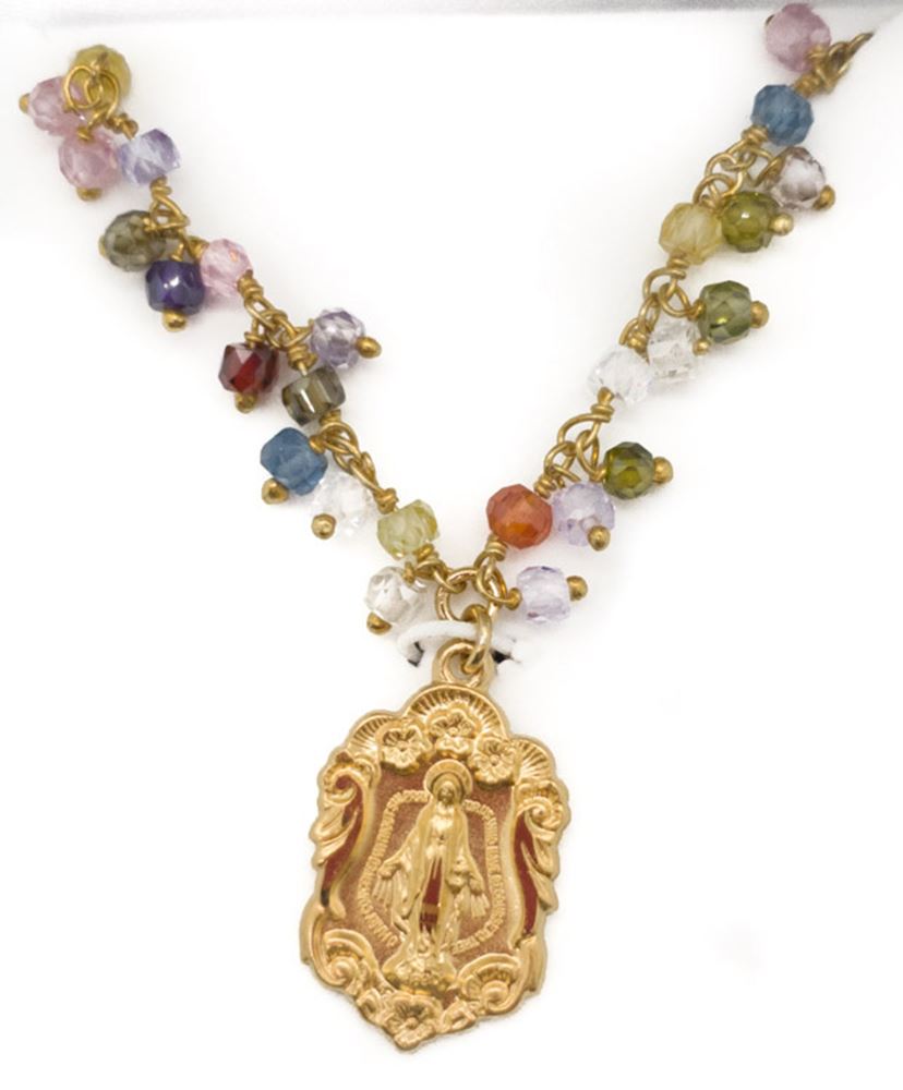 Gold Filled Miraculous Medal with Multi Colored CZ Stones 18