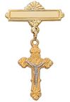 Gold & Sterling Silver Baby Bar Pin with Crucifix