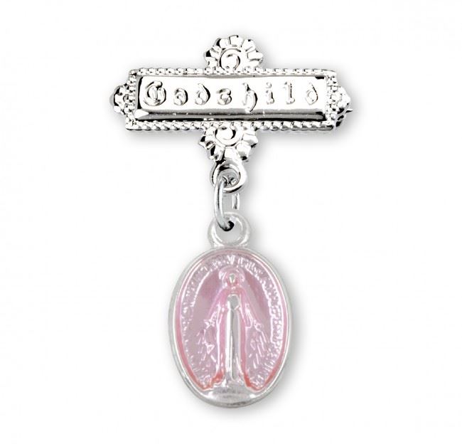 Sterling Silver Godchild Bar Pin With Pink Miraculous Medal Gift Boxed