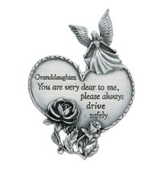 3-7/8 x 1-7/8 Inch Pewter Granddaughter "Drive Safely" Heart and Angel Visor Clip