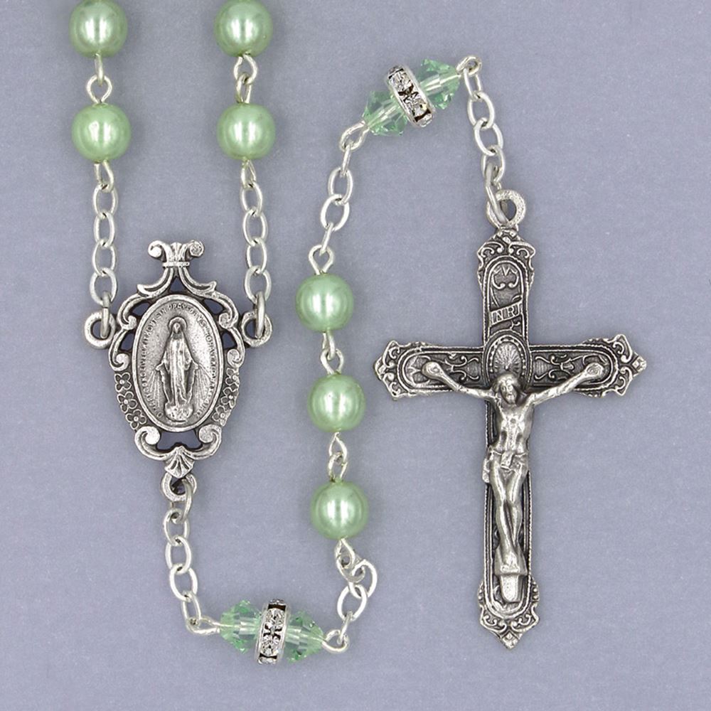 Green Pearl Bead Rosary with Crystal Accents