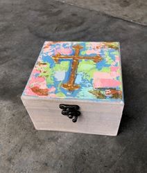 Handpainted Cross Wood Box, Blue and Pink