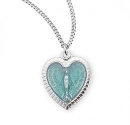 Heart Miraculous Medal Sterling w/Blue Enamel on an 18" Chain