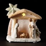 Holy Family in Stable 4" Lighted Porcelain Bisque Figurine