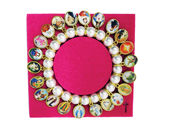 Imitation Pearl Stretch Bracelet with 22 patron saint charms