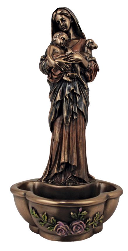 holy water font in lightly hand-painted cold cast bronze, stands/hangs, 7.5inches.