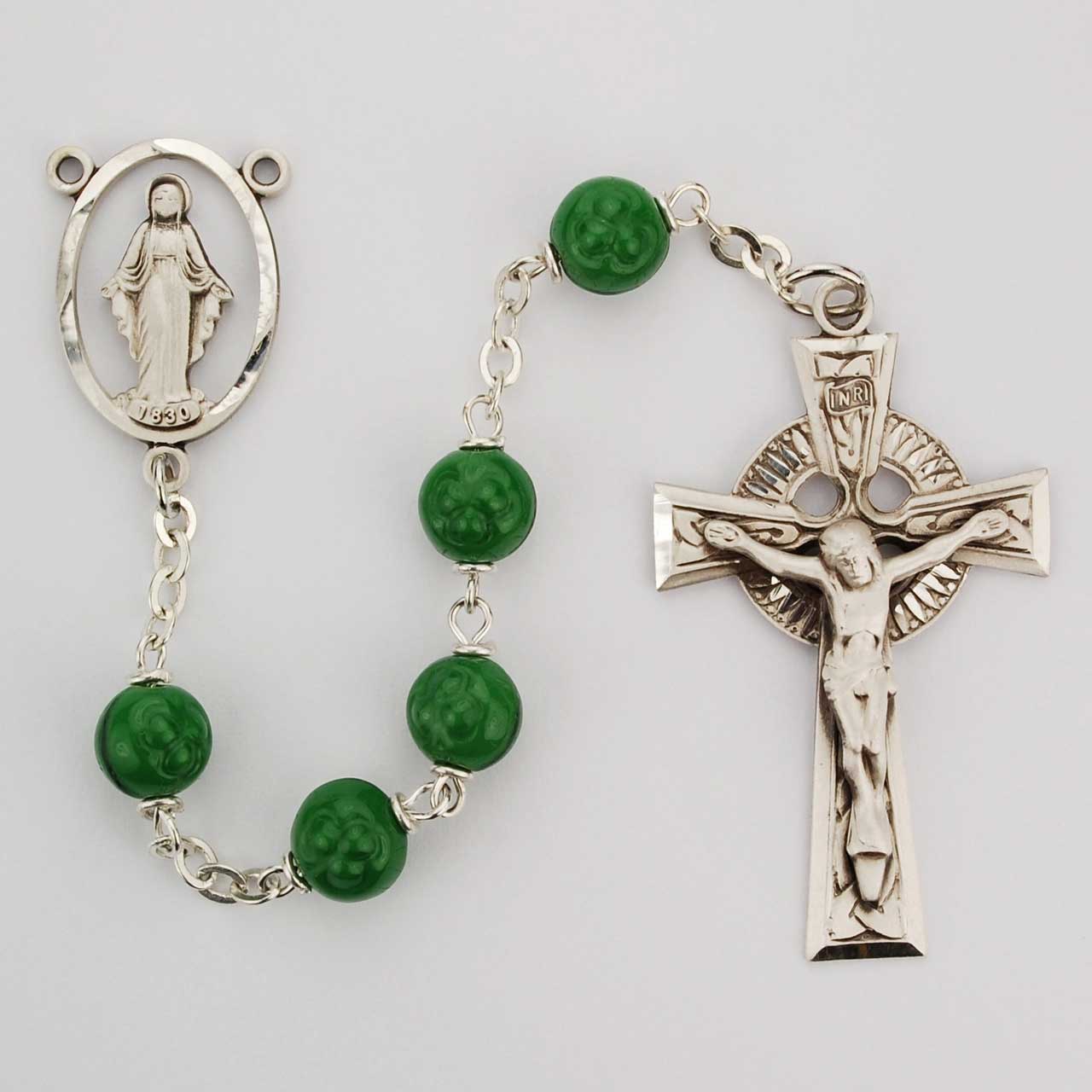 Irish Sterling Silver Glass 7mm Shamrock Beaded Rosary