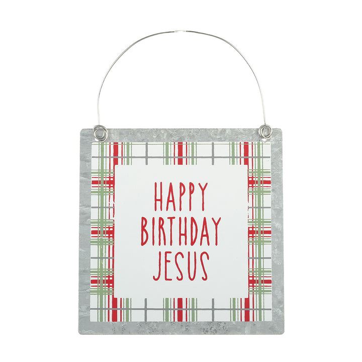 Happy Birthday Jesus Plaid Tin Ornament