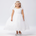 Kiera White First Communion Dress Lovely Illusion Neckline Bodice with Lace Applique and Rhinestones. The Tulle Skirt also has a Lace Applique Hem.