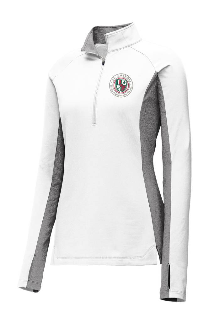 Ladies White/Grey Quarter Zip Pullover with Embroidered St. Ambrose Logo *Spiritwear*