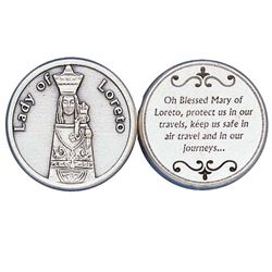 Silver Toned Pocket Token  - Lady of Loretto with air travel and journey Prayer  Made in Italy