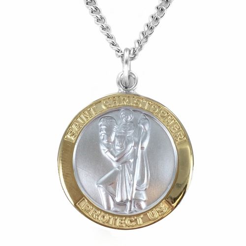 Details about   Silver ST Christopher Double Sided Wavy Edge Round Pendant Faceted Belcher Chain