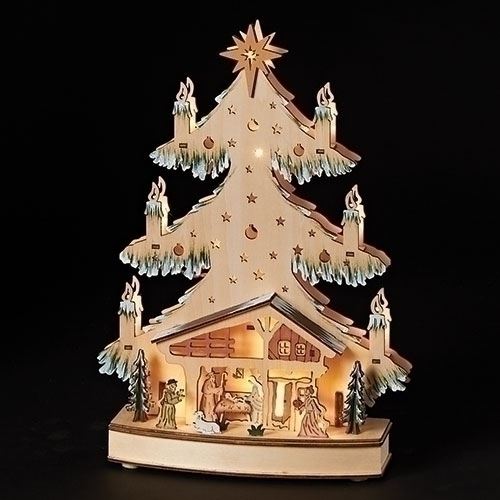 Laser Cut Wood 14" LED Lighted Tree Shaped Nativity Scene