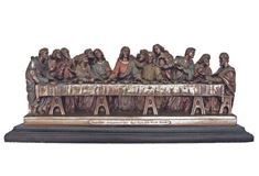 Last Supper statue in lightly hand-painted cold cast bronze on black wood base