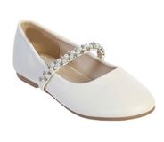 Leatherette flats with rhinestone and pearl strap, White First Communion Shoe