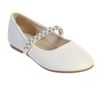 Leatherette flats with rhinestone and pearl strap, White