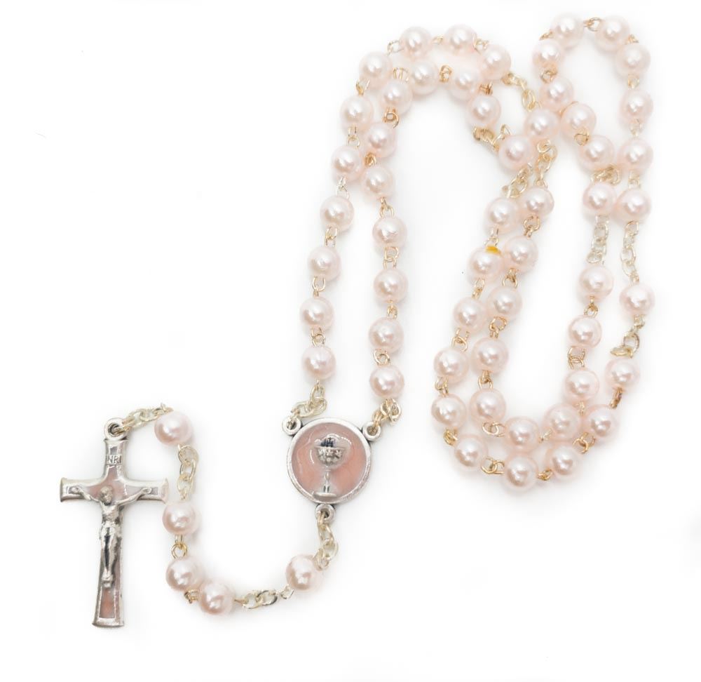 Light Rose Communion Rosary in a Pink Organza Bag