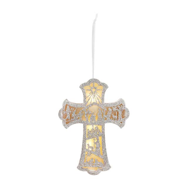 Lit Nativity Scene Cross Ornament