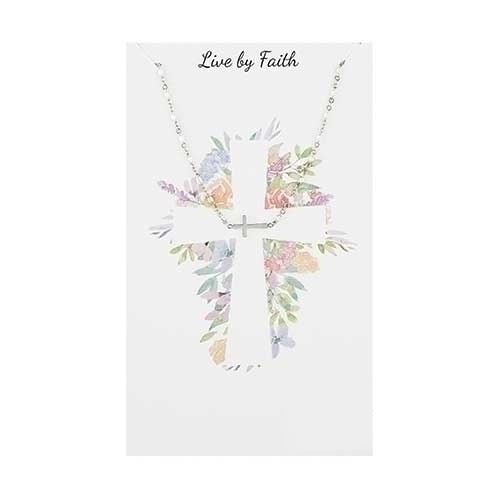 Live By Faith Sideways Cross Necklace, Rhodium