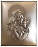 Madonna and Child ?Silver/Wood Plaque from Italy ?Silver over aluminum in design with solid wood backing which can stand or hang. 9.5 inch x 7.75 inch tall. Stunning piece of religious art from Italy!