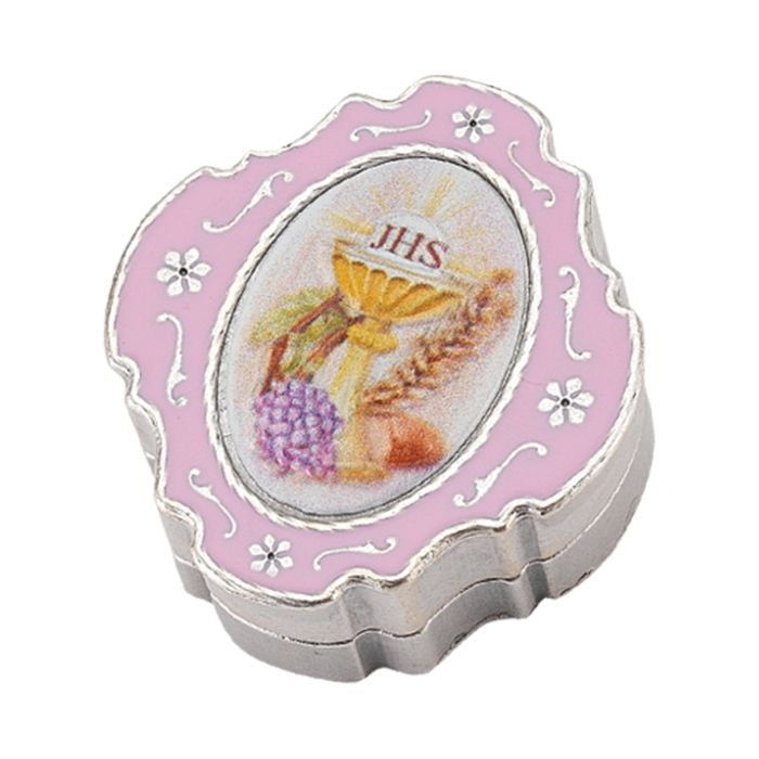 Metal Chalice Rosary Box With Pink Enamel Made In Italy