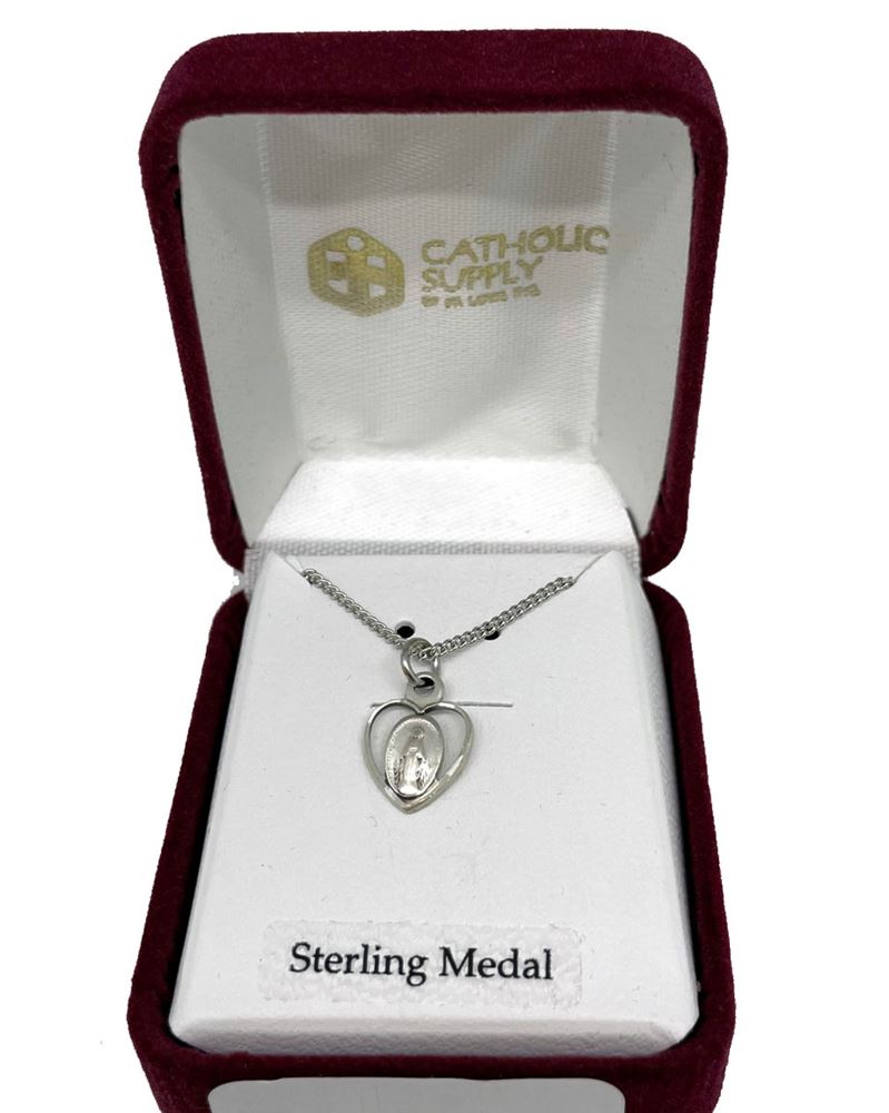 Miraculous Sterling Silver Heart Shaped Medal on 16