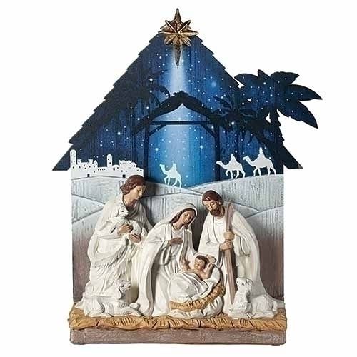 Nativity 13" Figurine with Printed Night Sky Stable Backdrop