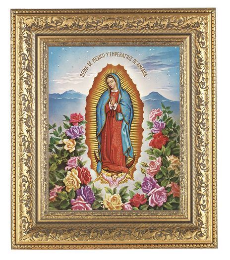 OUR LADY OF GUADALUPE-FLOWERS IN AN BEAUTIFULLY DETAILED ORNATE GOLD LEAF ANTIQUE FRAME