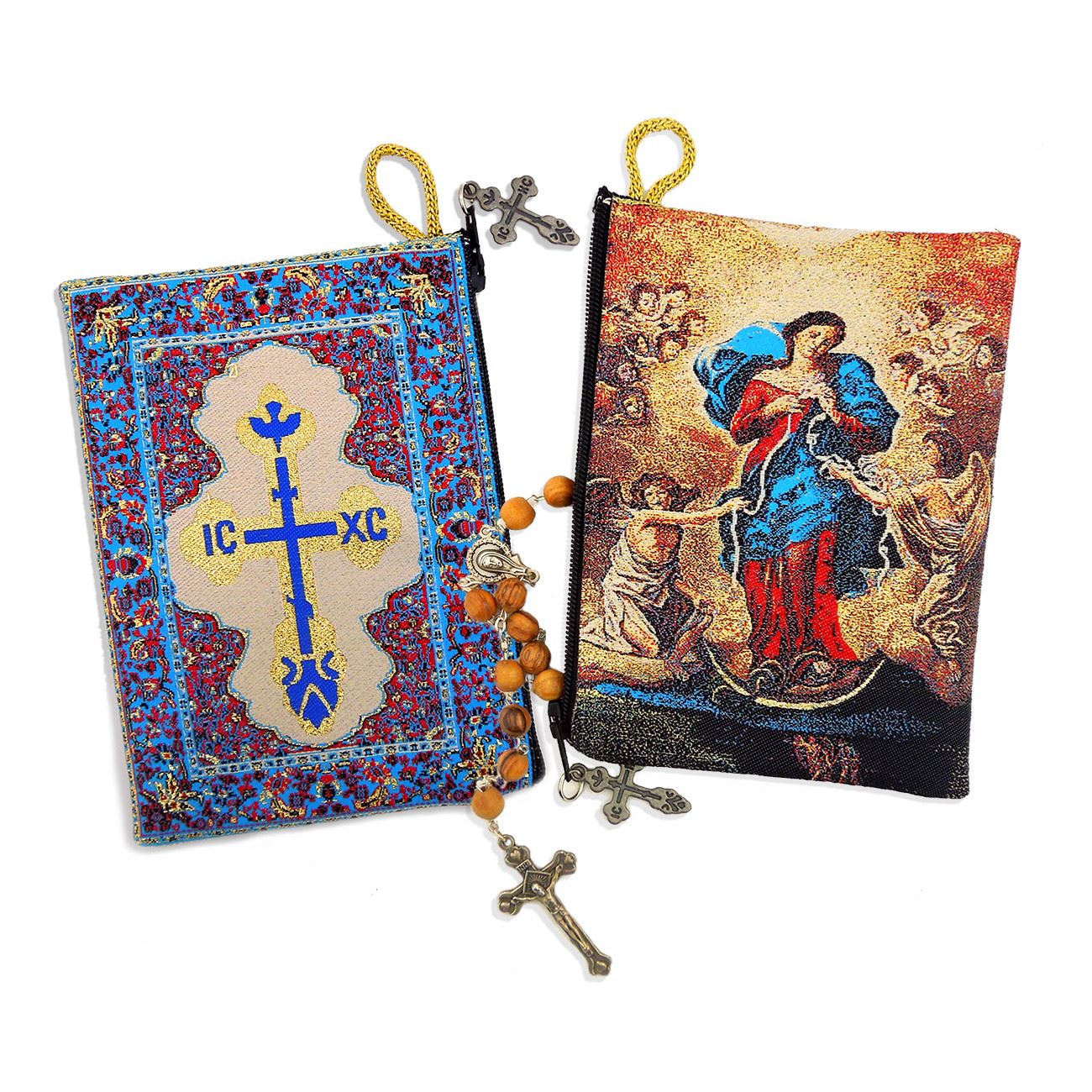 Our Lady Undoer of Knots / Cross Icon Tapestry Rosary Pouch 5 3/8 inch