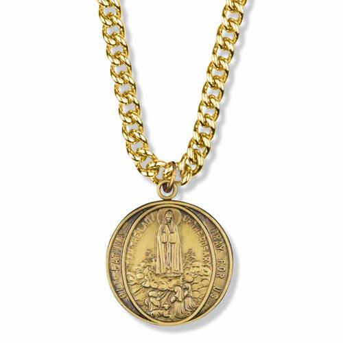 Our Lady of Fatima Round Brass Medal on 24" Chain